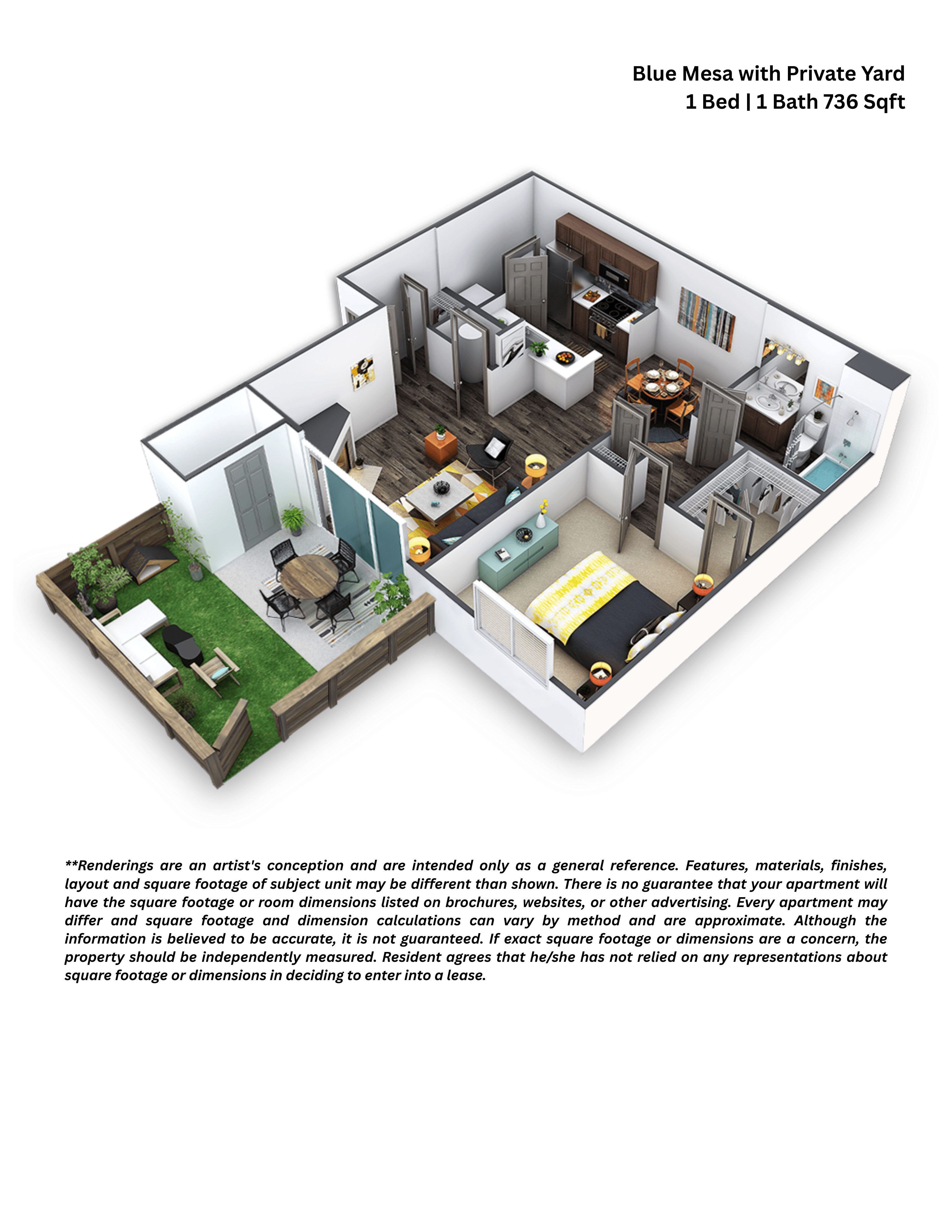 Floor plan for 1 bed, 1 bath, 736 sqft